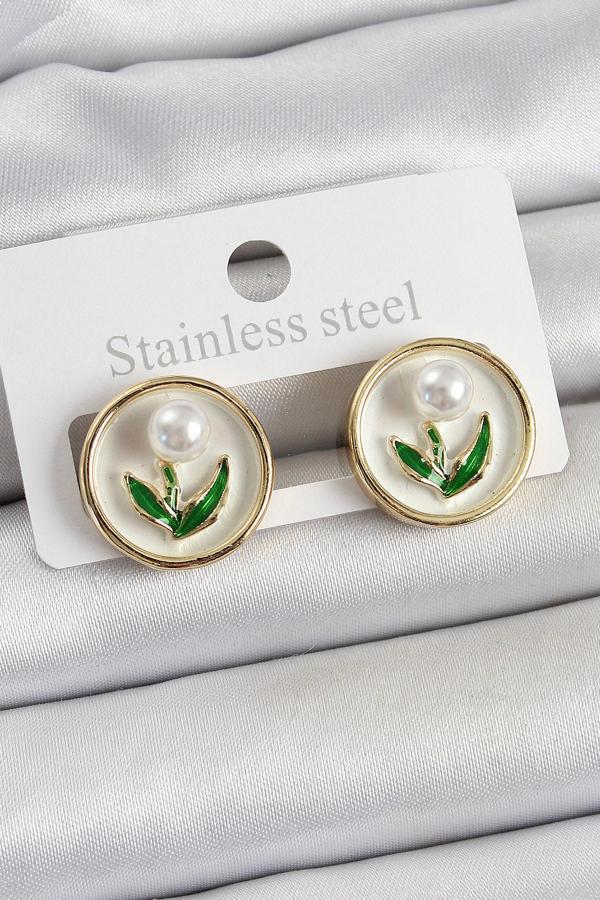Pirinç Beyaz Mineli Lale Figürlü Sanatsal Portre Model Gold Renk Kadın Küpe SL12217 - Image 1