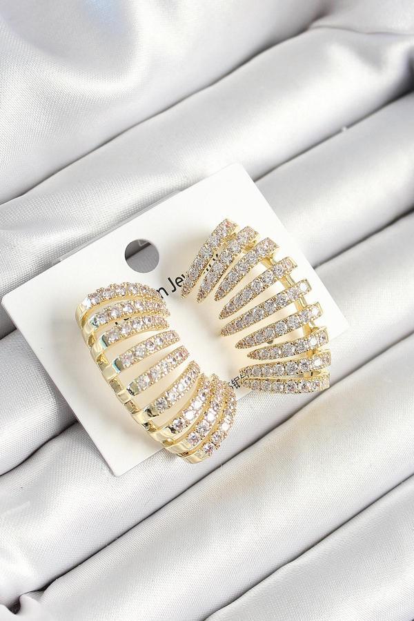 Pirinç Zirkon Taşlı Çoklu Görünümlü Model Gold Renk Kadın Küpe SL12093 - Image 1
