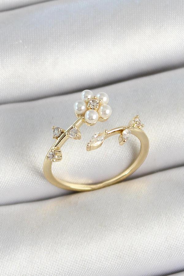 Pirinç İnci Detaylı Papatya Figürlü Zirkon Taşlı Gold Renk Ayarlanabilir Kadın Yüzük SL11999 - Image 1