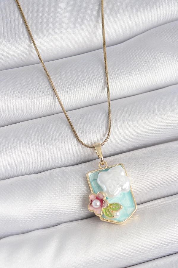 316L Çelik Gold Renk Zincir Mavi Mineli İncili Çiçek İşlemeli Portre Model Kadın Kolye SL11722 - Image 1