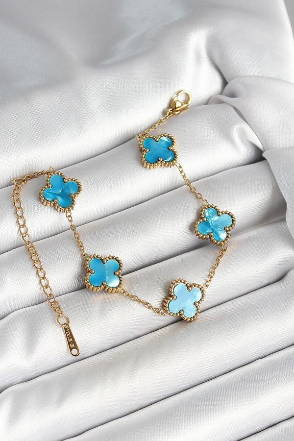 316L Çelik Sedefli Gökyüzü Mavisi Gold Renk Yonca Kadın Bileklik SL11981 - Image 1