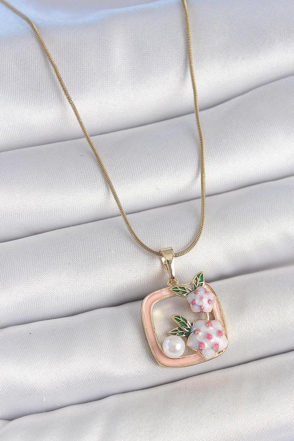 316L Çelik Gold Renk Zincir Pembe Mineli Kare Model Çiçek İşlemeli İnci Detay Kadın Kolye SL11695 - Image 1