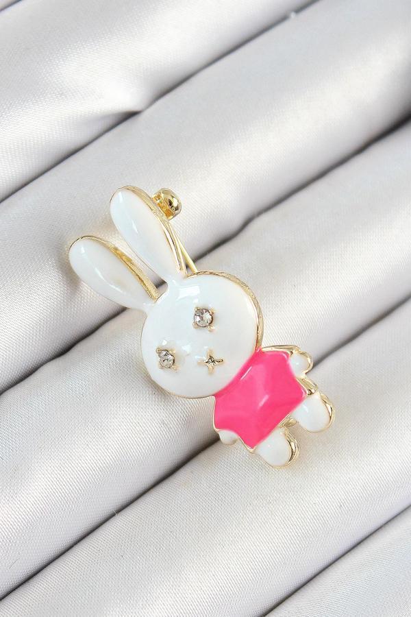 Zirkon Taş Detaylı Gold Beyaz Ve Pembe 3D Tavşan Figürlü Kadın Broş SL12061 - Image 1
