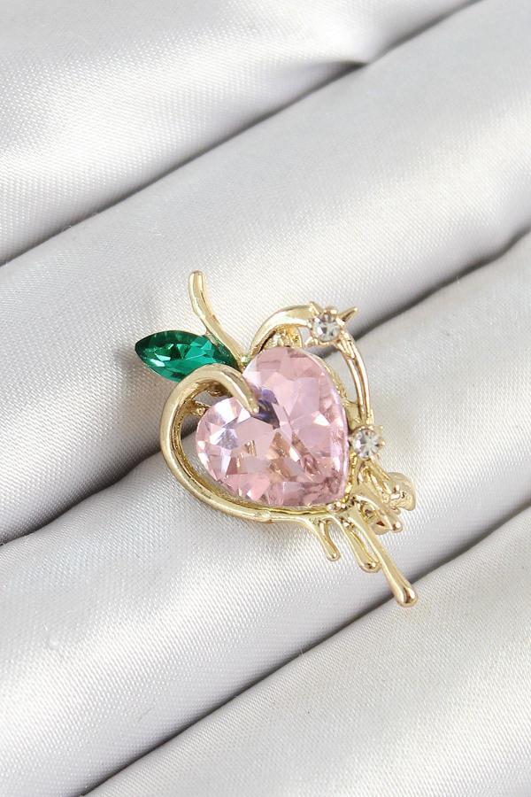 Pembe Ve Yeşil Zirkon Taşlı 3D Eriyen Kalp Figürlü Gold Renk Kadın Broş SL12063 - Image 1