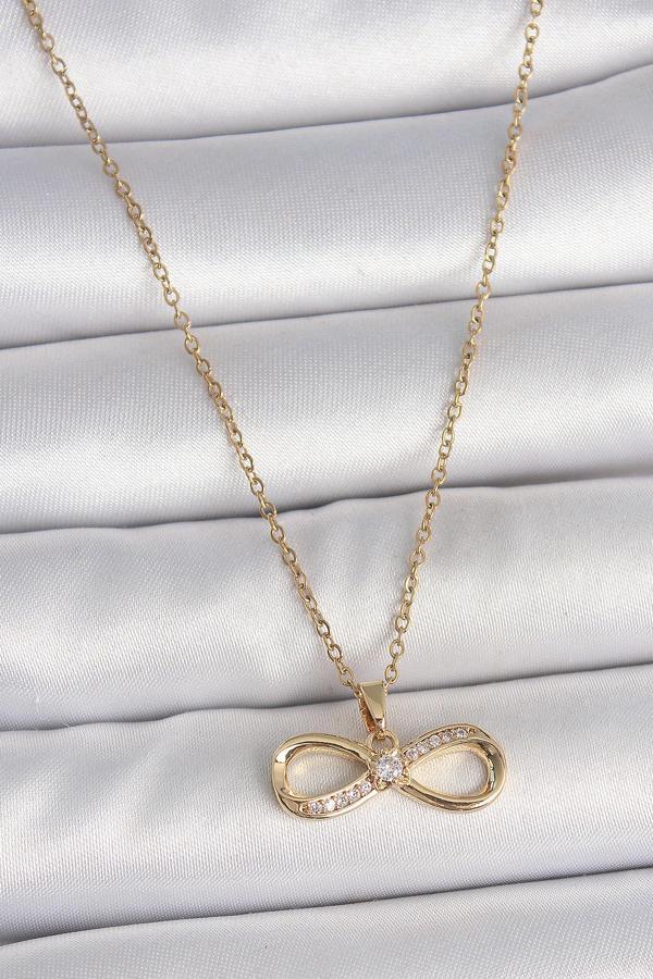 316L Çelik Gold Renk Zincir Zirkon Taşlı Sonsuzluk Model Kadın KolyeSL11594 - Image 1