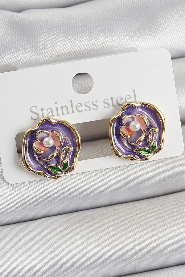 Pirinç Mor Mineli Çiçek Figürlü Sanatsal Portre Model Gold Renk Kadın Küpe SL12220 - Image 1