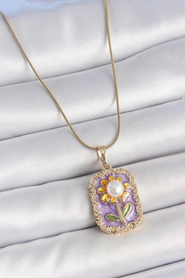 316L Çelik Gold Renk Zincir Mor Mineli İncili Papatya İşlemeli Portre Model Kadın Kolye SL11733 - Image 1