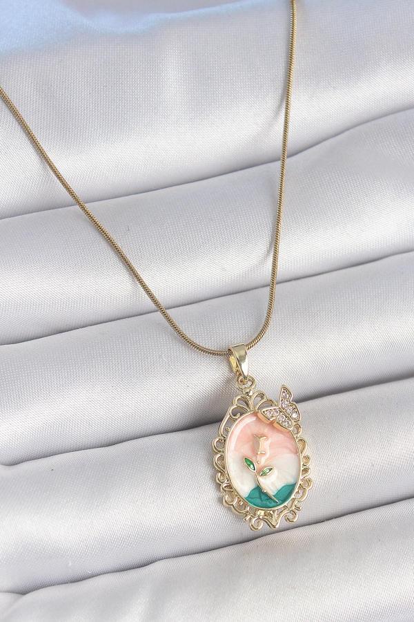 316L Çelik Gold Renk Zincir Mix Renk Çiçek İşlemeli Zirkon Taş Detaylı Portre Model Kadın Kolye SL11717 - Image 1