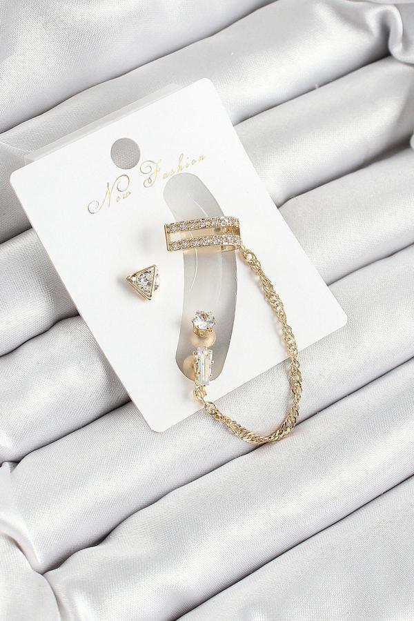 Pirinç Üçgen Figürlü Zirkon Taşlı Gold Renk 3'lü Kıkırdak Kadın Küpe Set  SL12128 - Image 1
