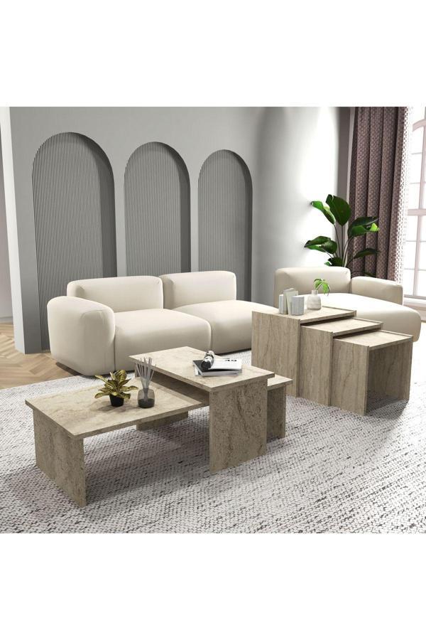 Cool Home Vera 2 ' li Orta Sehpa Ve Zigon Sehpa Seti , Servis Sehpası Traverten (Mermer Desen) - Image 1