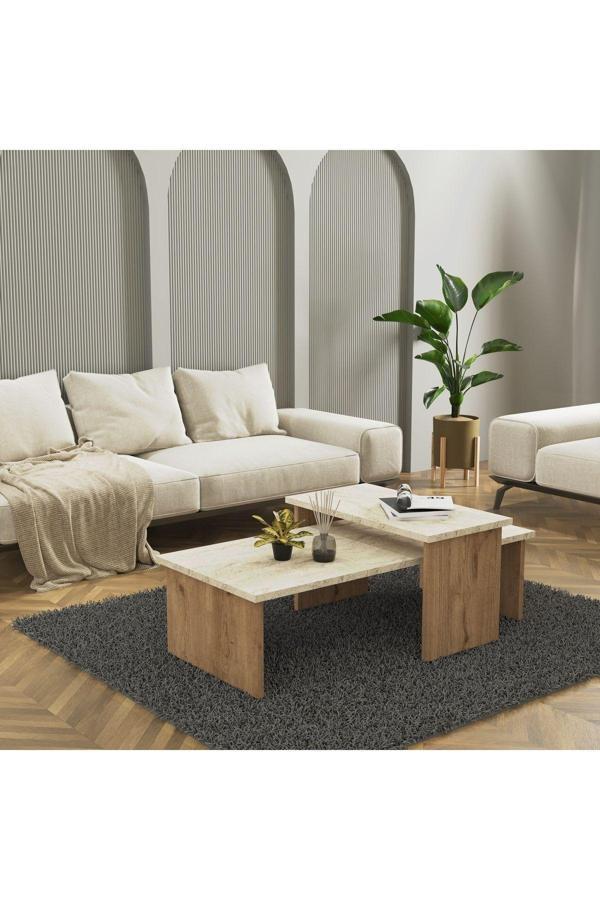 Cool Home Vera 2 ' li Orta Sehpa , Servis Sehpası Sepet - Traverten(Mermer Desen) - Image 1