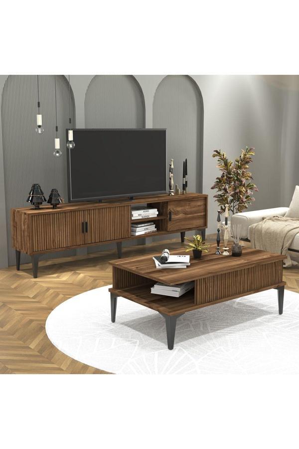 Cool Home Marin Tv Ünitesi 180 cm - Orta Sehpa Seti  Çizgi desenli , Raflı , Ceviz (Sandık) - Image 1