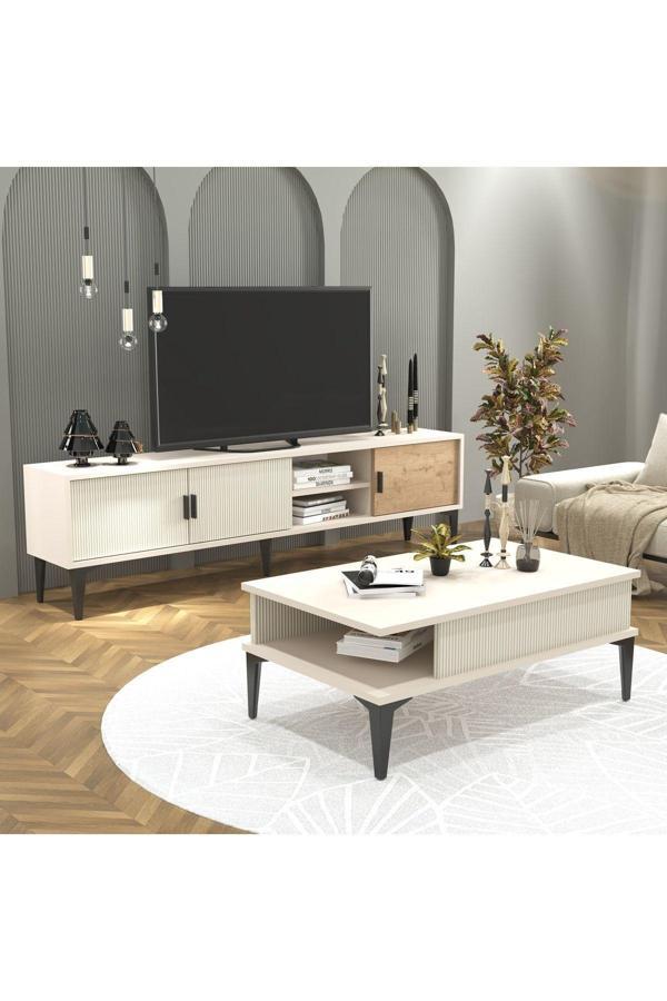 Cool Home Marin Tv Ünitesi 180 cm - Orta Sehpa Seti  Çizgi desenli , Raflı , Sis Gri - Image 1
