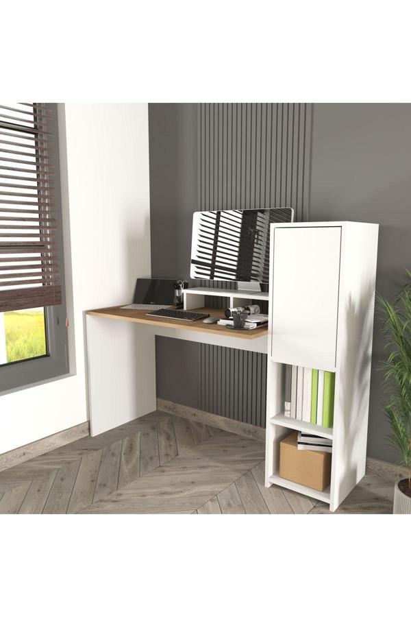 Cool Home Ayaz Çalışma Masası , Kitaplıklı , Raflı , Dolaplı , Oyuncu Masası Beyaz-Sepet - Image 1