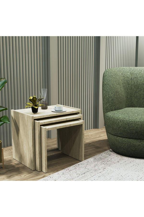 Cool Home Vera 3'lü Zigon Sehpa , Servis Sehpası Traverten - Image 1