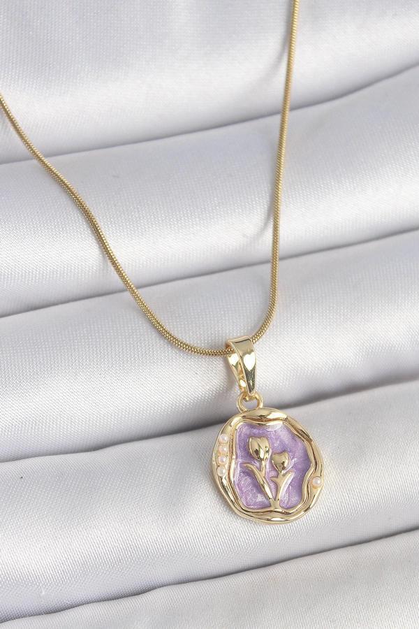 316L Çelik Gold Renk Zincir Mor Mineli Çiçek İşlemeli Portre Model Kadın Kolye SL11699 - Image 1