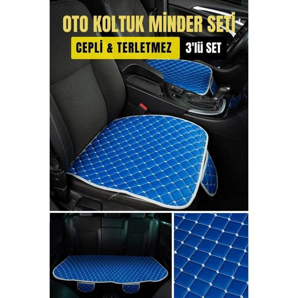 Opel Corsa Deri Silinebilir Cepli Oto Kılıf-Minder Oturak Seti (3 parça) Mavi - Image 1
