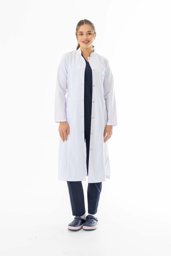 Hakim Yaka Maxi boy Kadın Doktor Önlüğü Alpaka Kumaş Beyaz (BKO004) - Image 1