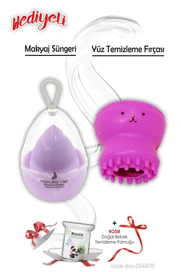 Makyaj Süngeri Lila ve Ahtapot Yüz Temizleme Fırçası Açık Pembe ROSIE Hediyeli - Image 1