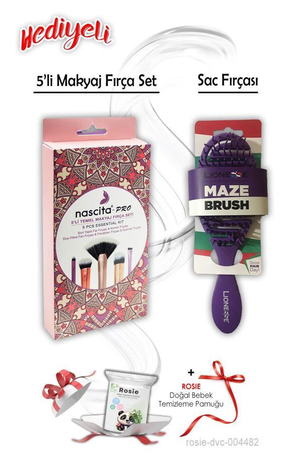Temel Makyaj 5'li Fırça Set ve Saç Fırçası Oval Mor ROSIE Hediyeli - Image 1