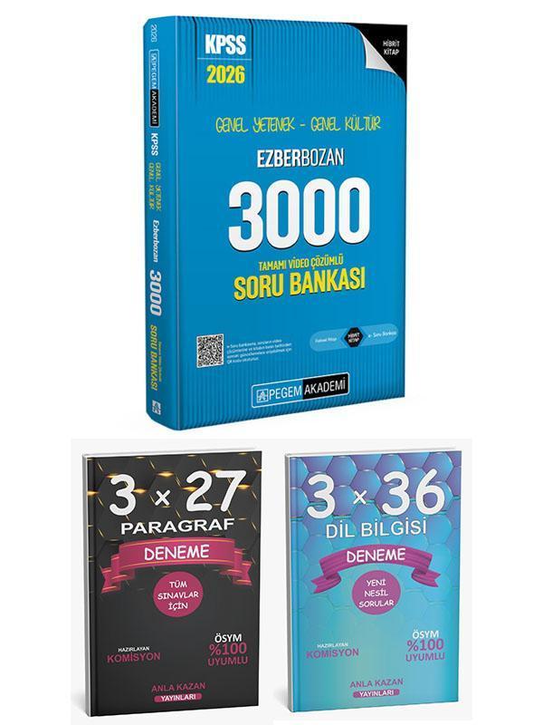 Pegem + Anla Kazan 2026 KPSS Ezberbozan 3000 Soru + Paragraf Deneme + Dil Bilgisi Deneme 3 lü Set - Anla Kazan Yayınları - Image 1