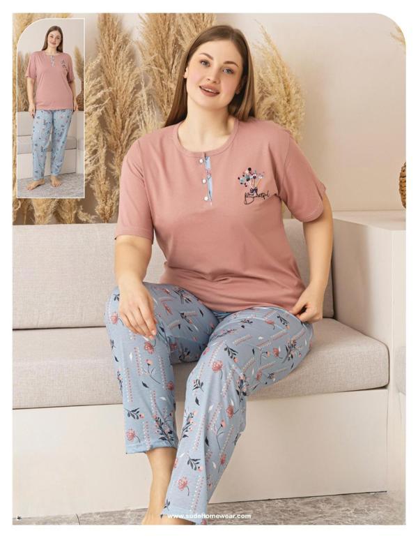Sude Kadın Büyük Beden Düğme Yaka Penye Kısa Kol İnce Pijama Takımı P127 - 1 Adet - Image 1