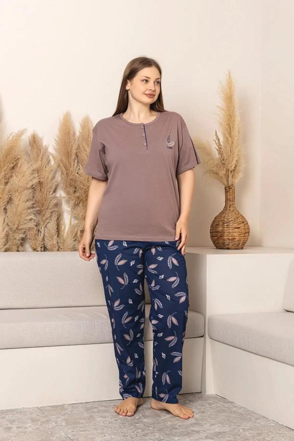 Sude Kadın Büyük Beden Düğme Yaka Penye Likralı Kısa Kol İnce Pijama Takımı P284 - 1 Adet - Image 1