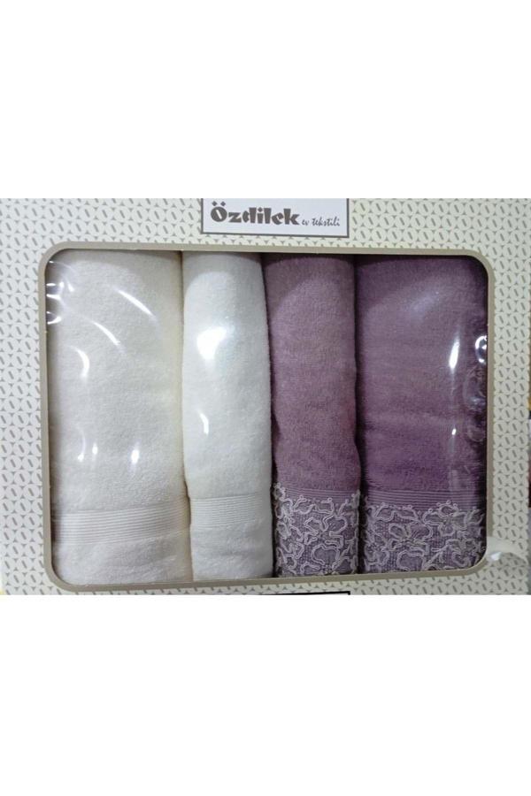 Özdilek 4 Parça Best Hamam Seti, Banyo Havlu Tk-Begonvil Krem Mürdüm - Image 1