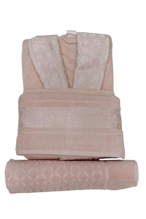 Özdilek 3'Lü Bornoz Seti ( Bornoz + Baş Havlusu + Ayak Havlusu ) Pembe - Image 1