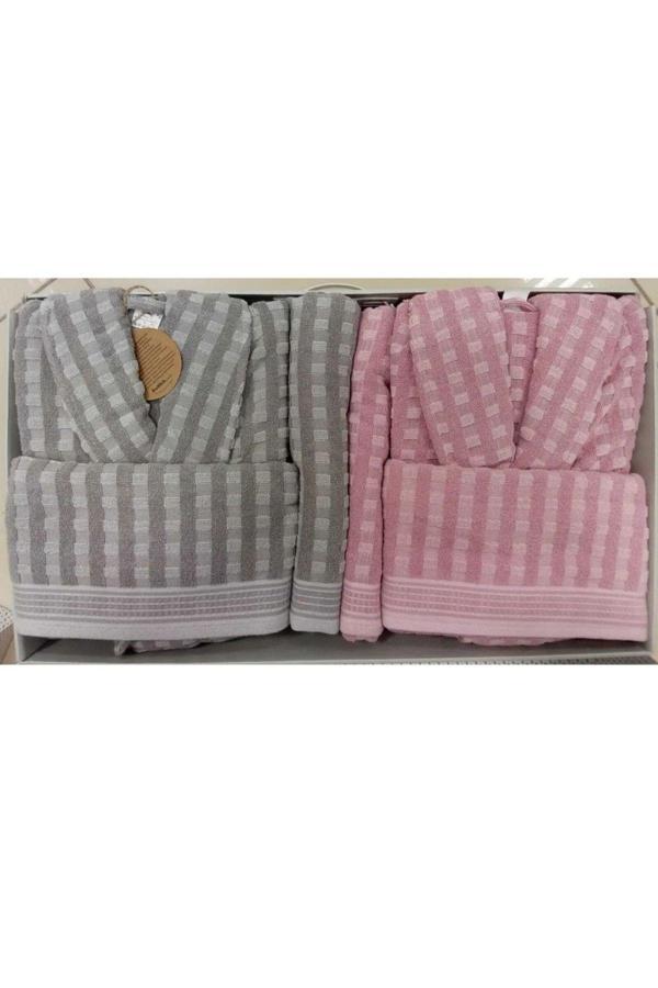 Özdilek Plus Aile Bornoz Seti ( 6 Parça ) Gri-Pembe - Image 1