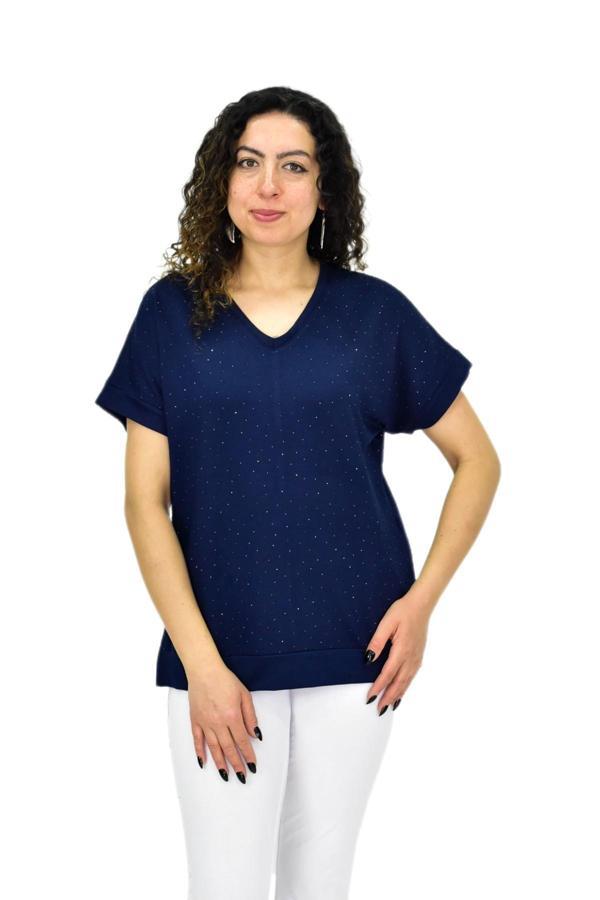 Kadın Yarım Kol V Yaka Taşlı Likralı Tişöt  BGL-ST04653 - Image 1