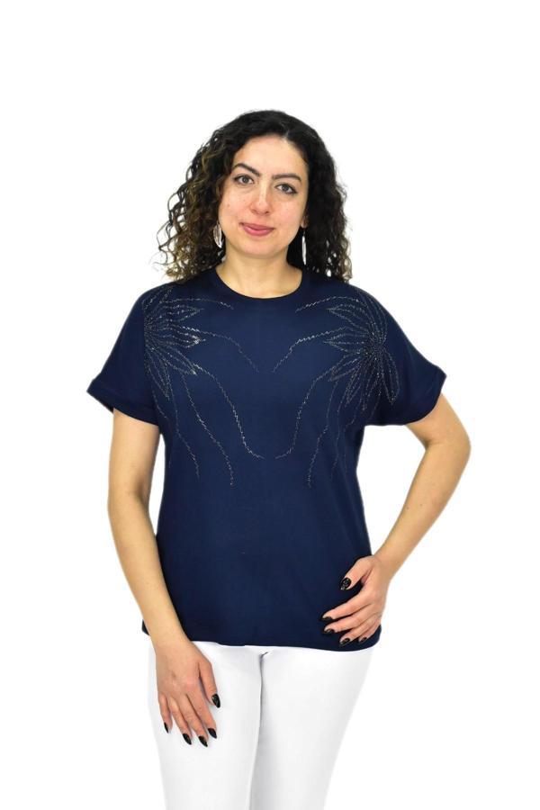 Kadın Yarım Kol Sıfıryaka Taşlı Likralı Tişöt  BGL-ST04655 - Image 1