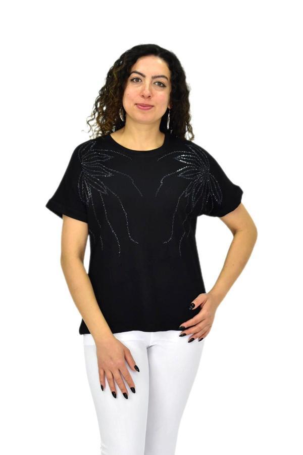 Kadın Yarım Kol Sıfıryaka Taşlı Likralı Tişöt  BGL-ST04655 - Image 1