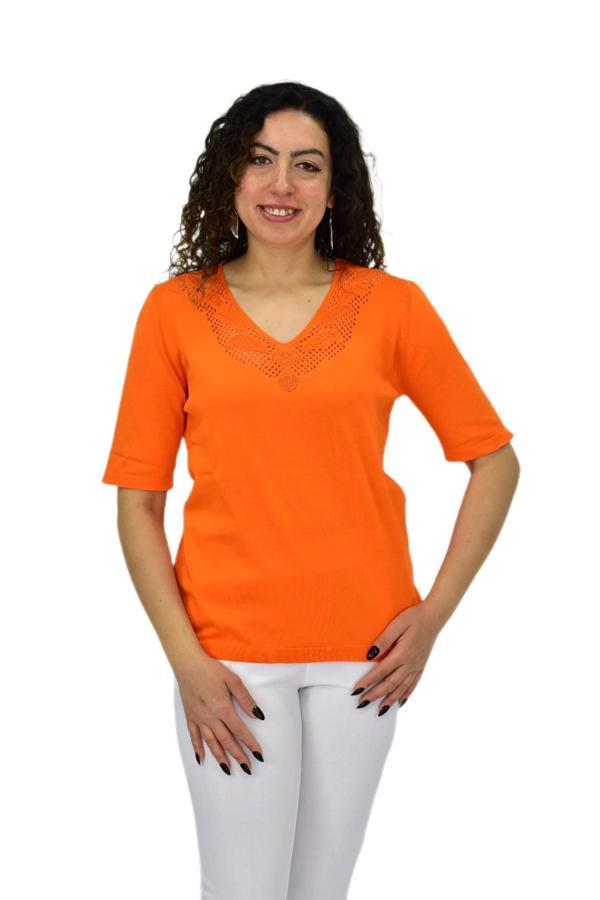 Kadın Yarım Kol V Yaka Yaka Sırt Detaylı Triko Tişöt 12837 BGL-ST04658 - Image 1