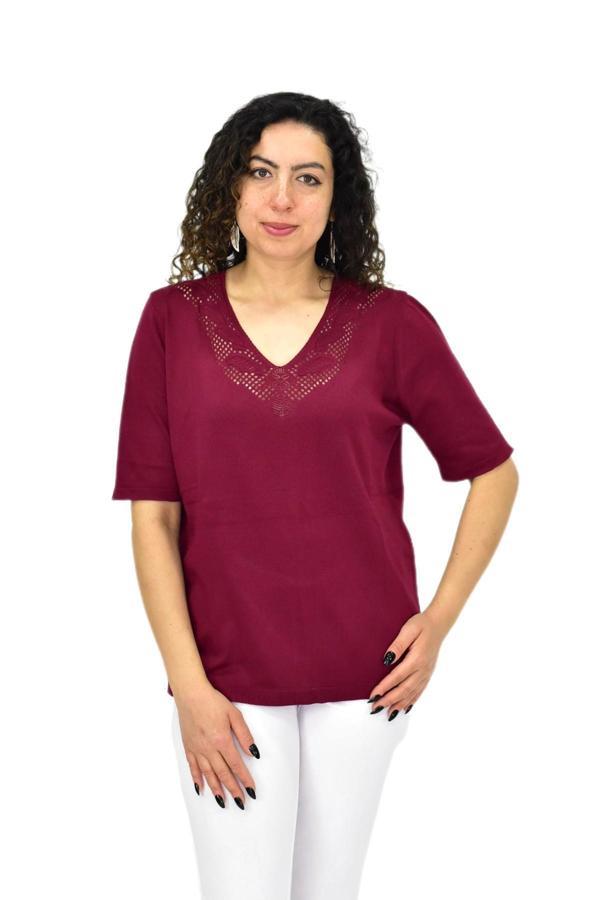 Kadın Yarım Kol V Yaka Yaka Sırt Detaylı Triko Tişöt 12837 BGL-ST04658 - Image 1