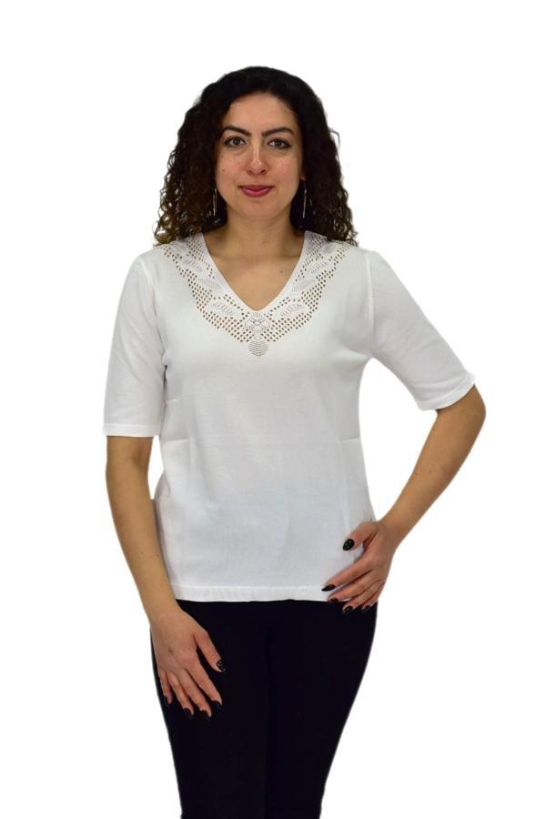 Kadın Yarım Kol V Yaka Yaka Sırt Detaylı Triko Tişöt 12837 BGL-ST04658 - Image 1