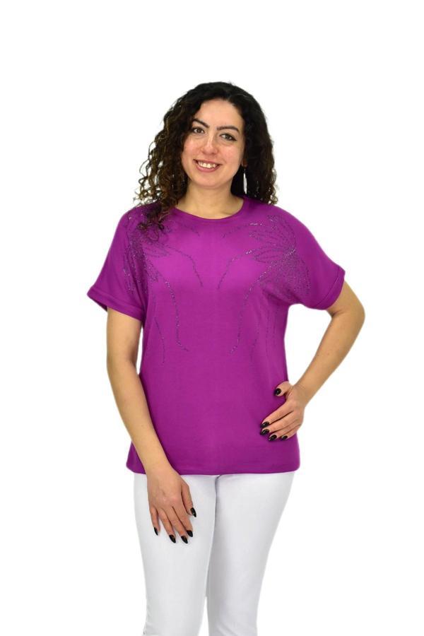 Kadın Yarım Kol Sıfıryaka Taşlı Likralı Tişöt  BGL-ST04655 - Image 1