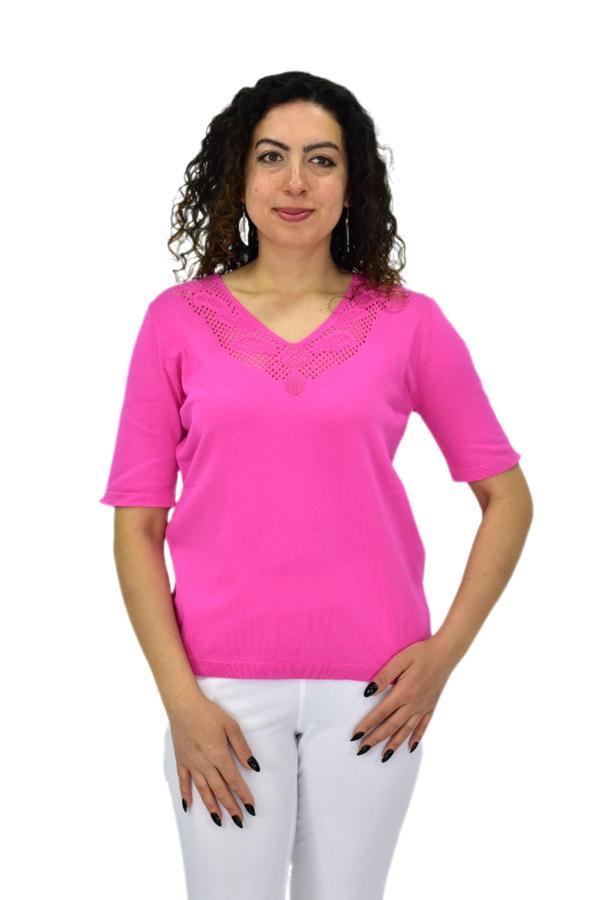 Kadın Yarım Kol V Yaka Yaka Sırt Detaylı Triko Tişöt 12835 BGL-ST04657 - Image 1