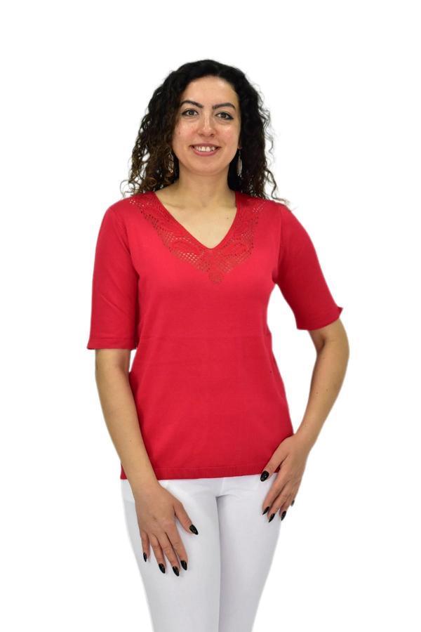 Kadın Yarım Kol V Yaka Yaka Sırt Detaylı Triko Tişöt 12835 BGL-ST04657 - Image 1
