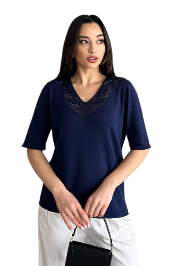 Kadın Yarım Kol V Yaka Yaka Sırt Detaylı Triko Tişöt 12837 BGL-ST04658 - Image 1