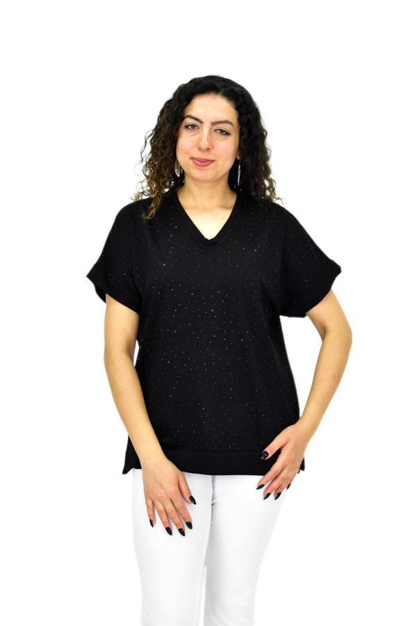 Kadın Yarım Kol V Yaka Taşlı Likralı Tişöt  BGL-ST04653 - Image 1