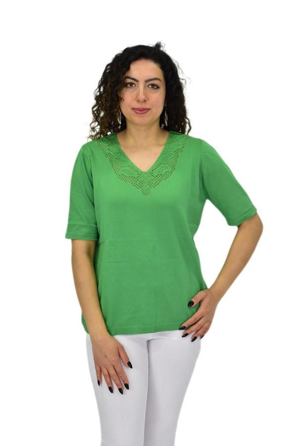 Kadın Yarım Kol V Yaka Yaka Sırt Detaylı Triko Tişöt 12837 BGL-ST04658 - Image 1