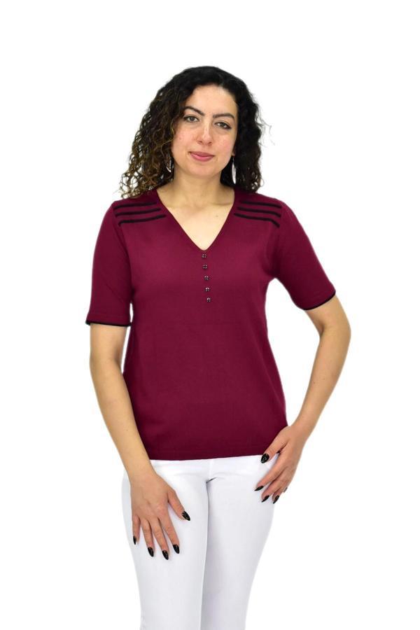 Kadın Yarım Kol V Yaka Taşlı Triko Tişöt 12857 BGL-ST04656 - Image 1
