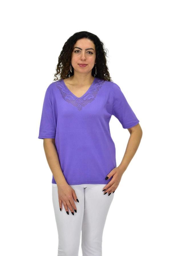 Kadın Yarım Kol V Yaka Yaka Sırt Detaylı Triko Tişöt 12837 BGL-ST04658 - Image 1