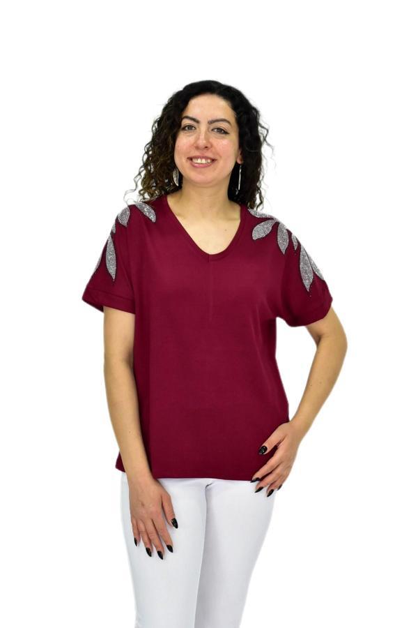 Kadın Yarım Kol V Yaka Taşlı Likralı Tişöt  BGL-ST04654 - Image 1