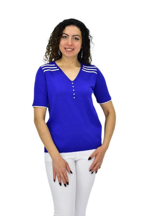 Kadın Yarım Kol V Yaka Taşlı Triko Tişöt 12857 BGL-ST04656 - Image 1