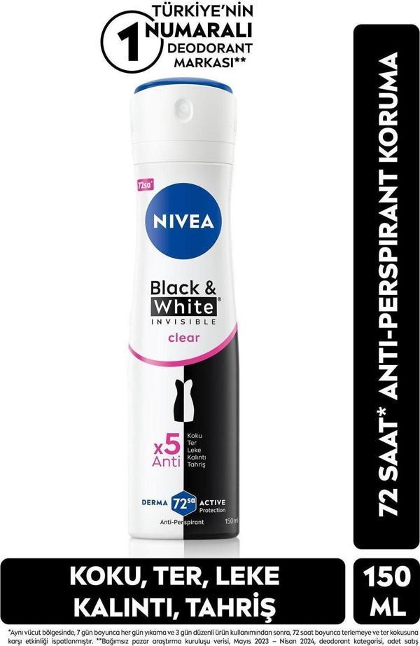 Kadın Sprey Deodorant Black&White Invisible Clear 150ml, 72 Saat Anti-perspirant Ter Koruması - Image 1