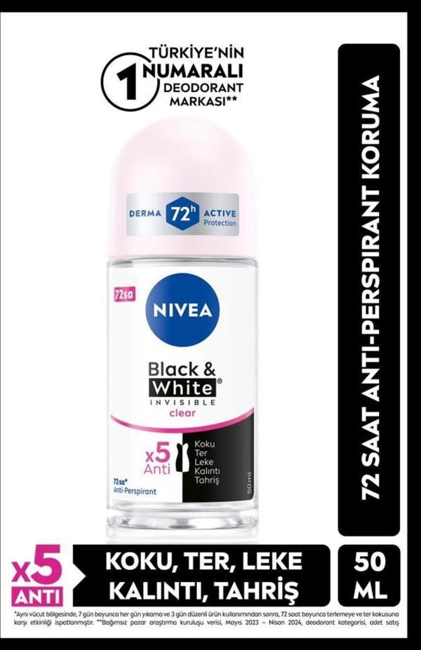 Kadın Roll-on Deodorant Black&white Invisible Clear 50ml, 72 Saat Anti-perspirant Koruma - Image 1