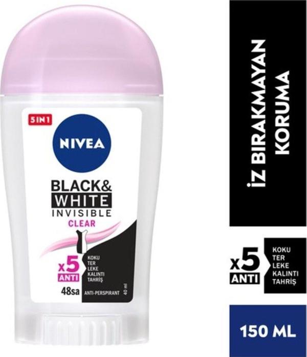Nıvea Kadın Stick Deodorant Black&white Invisible Clear 48 Saat Anti-perspirant Koruma 40ml - Image 1
