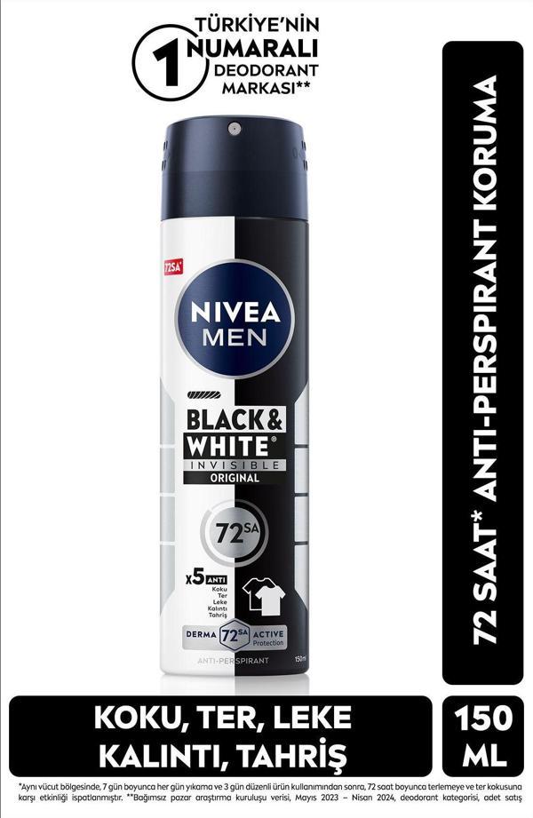 MEN Erkek Sprey Deodorant Black&White Invisible Original 150ml, 72 Saat Anti-perspirant Ter Koruması - Image 1